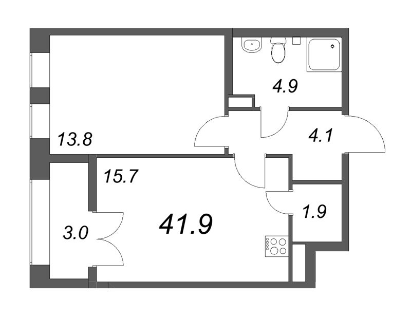 2-комнатная (Евро) квартира, 41.9 м² в ЖК "Новый Питер" - планировка, фото №1