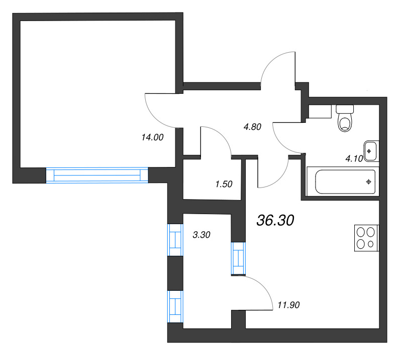 1-комнатная квартира, 36.3 м² - планировка, фото №1