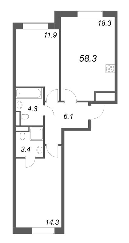 3-комнатная (Евро) квартира, 58.3 м² в ЖК "Большая Охта" - планировка, фото №1