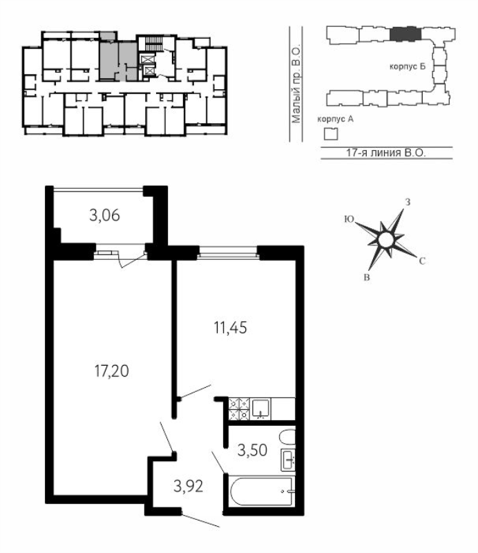 1-комнатная квартира, 36.99 м² в ЖК "17-я линия" - планировка, фото №1