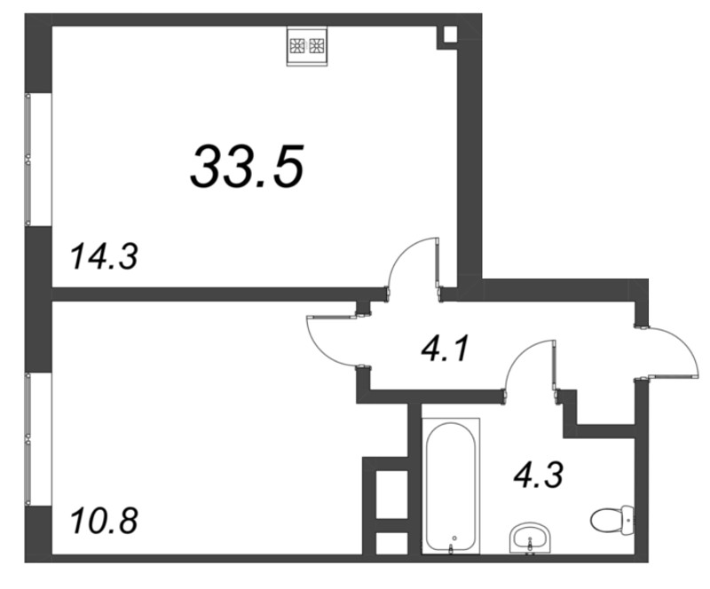 1-комнатная квартира, 33.5 м² - планировка, фото №1