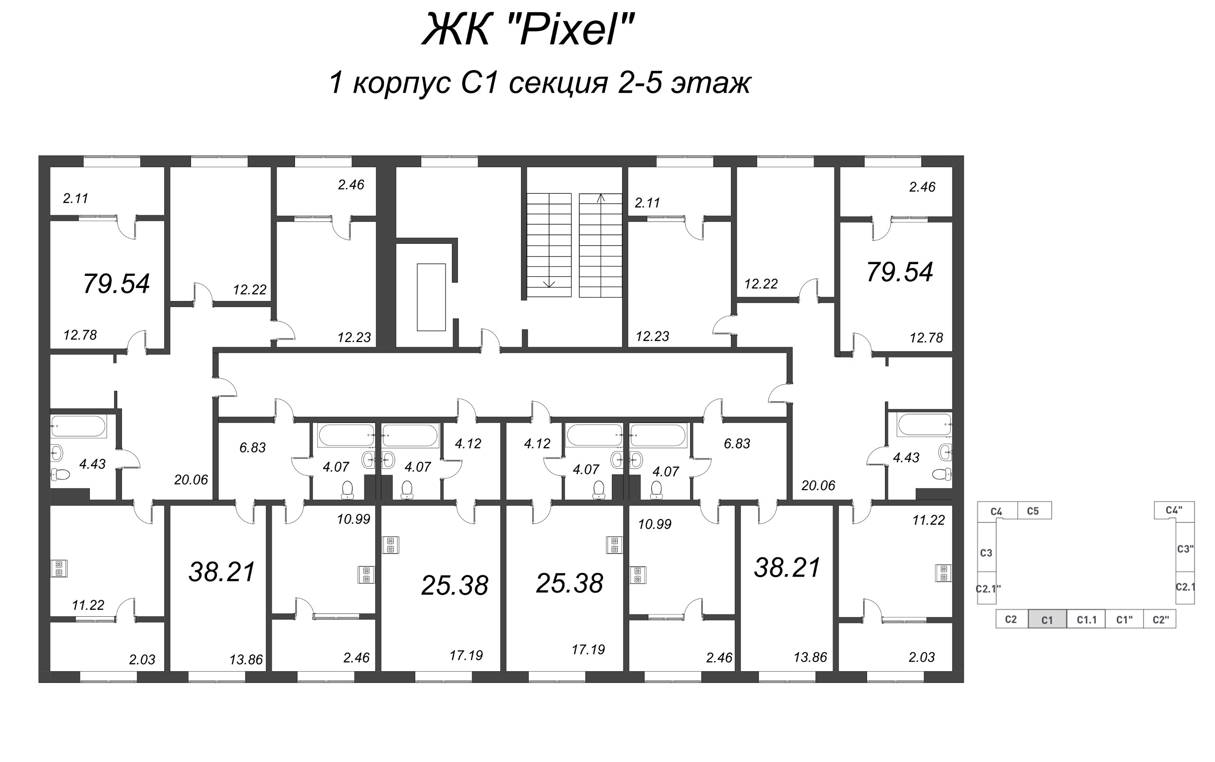 1-комнатная квартира, 38.21 м² в ЖК "Pixel" - планировка этажа