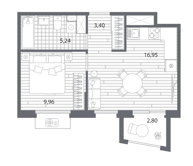 2-комнатная (Евро) квартира, 36.39 м² - планировка, фото №1