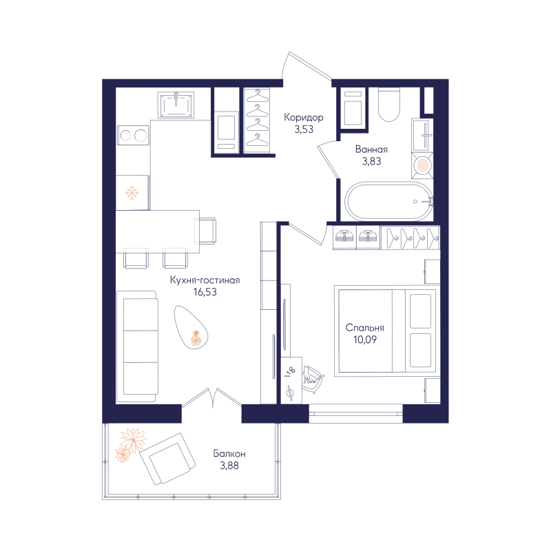 2-комнатная (Евро) квартира, 35.25 м² в ЖК "Кронунг Янино" - планировка, фото №1
