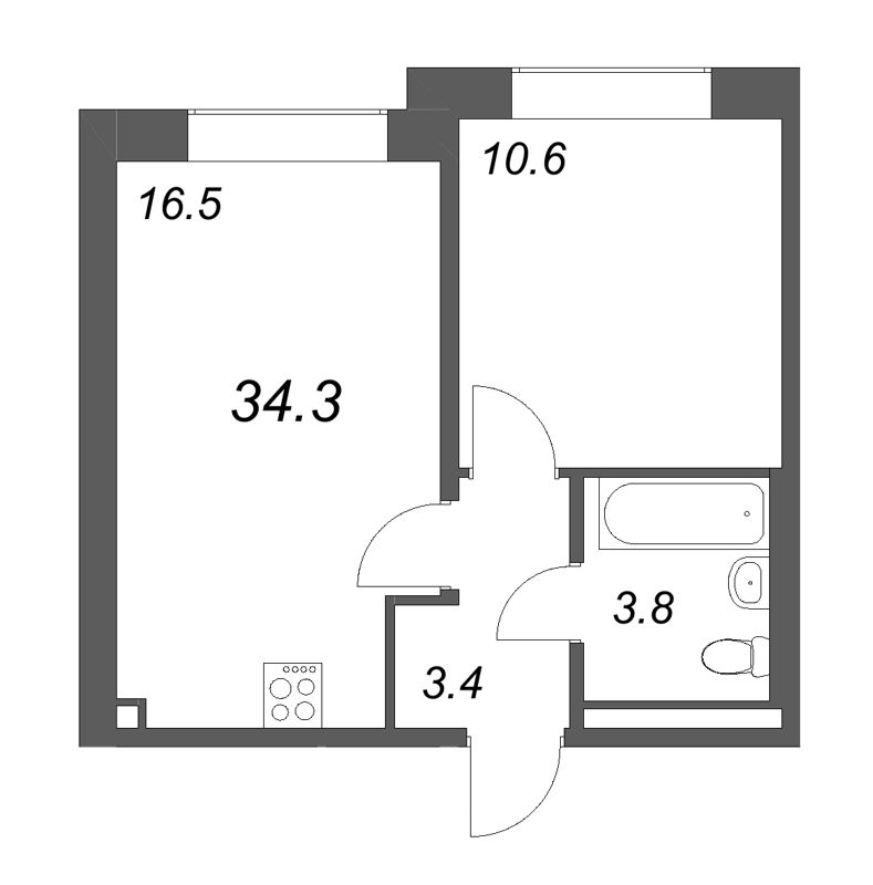 2-комнатная (Евро) квартира, 34.3 м² в ЖК "Пулково Лейк" - планировка, фото №1