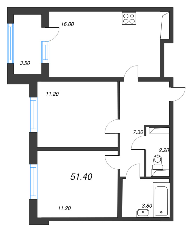 3-комнатная (Евро) квартира, 51.4 м² - планировка, фото №1