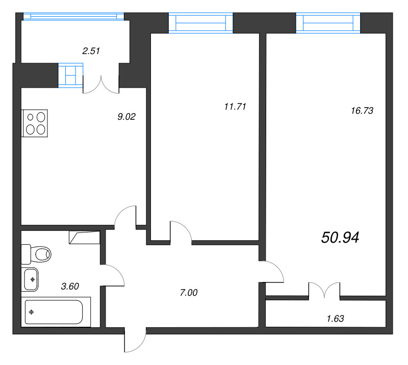 2-комнатная квартира, 50.94 м² - планировка, фото №1