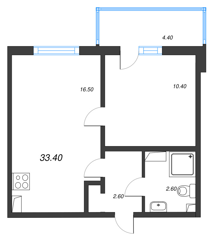 2-комнатная (Евро) квартира, 33.4 м² в ЖК "Цветной город" - планировка, фото №2
