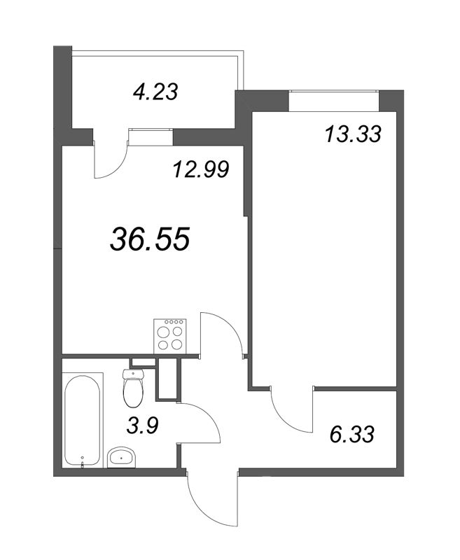 1-комнатная квартира, 36.55 м² - планировка, фото №1