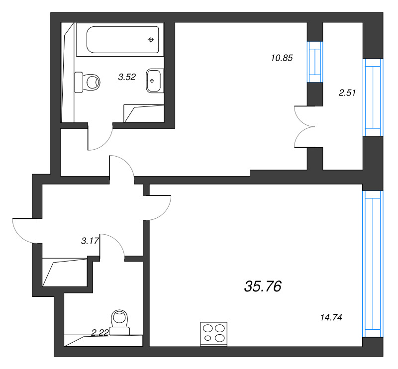 1-комнатная квартира, 35.76 м² в ЖК "Цивилизация на неве" - планировка, фото №1