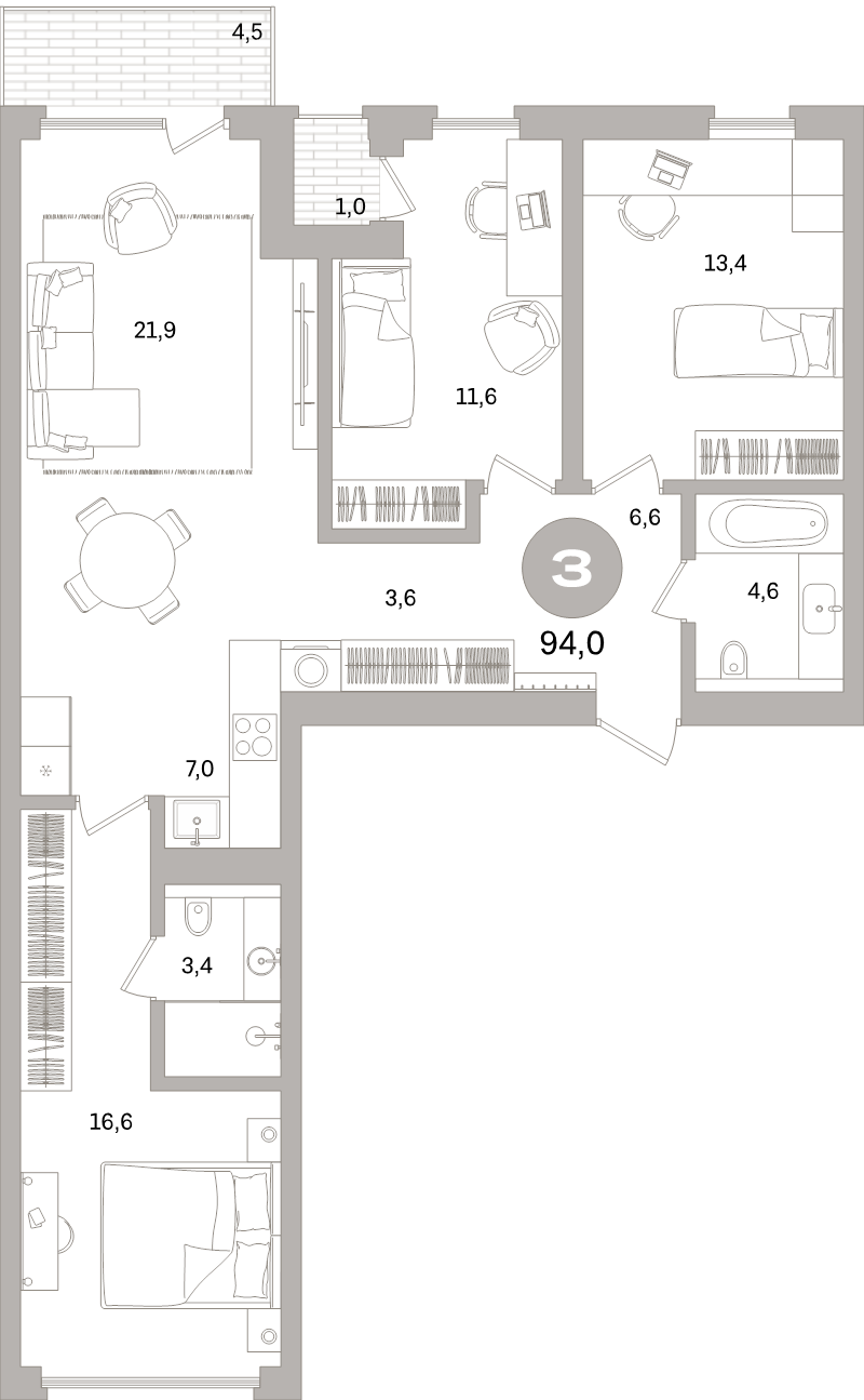 4-комнатная (Евро) квартира, 94 м² в ЖК "Северный ветер" - планировка, фото №1