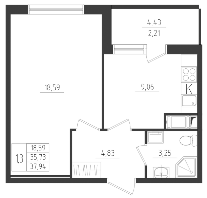 1-комнатная квартира, 37.94 м² - планировка, фото №1