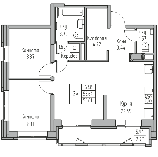 3-комнатная (Евро) квартира, 56.61 м² в ЖК "Юнтолово" - планировка, фото №1