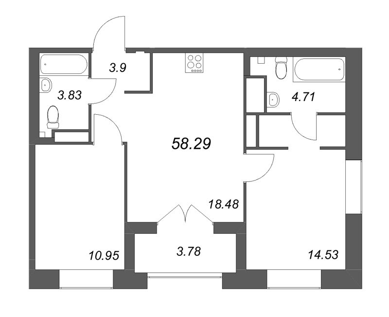 3-комнатная (Евро) квартира, 58.29 м² - планировка, фото №1