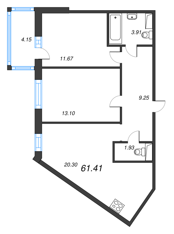 3-комнатная (Евро) квартира, 64.31 м² - планировка, фото №1