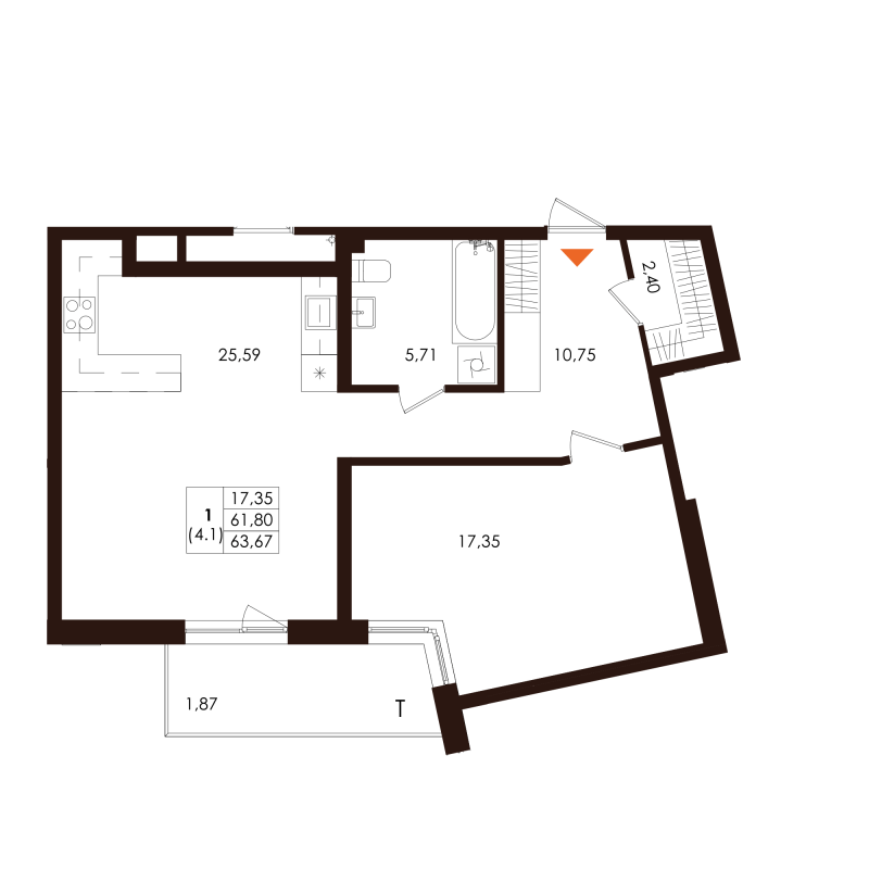 2-комнатная (Евро) квартира, 63.67 м² в ЖК "Лисино" - планировка, фото №1