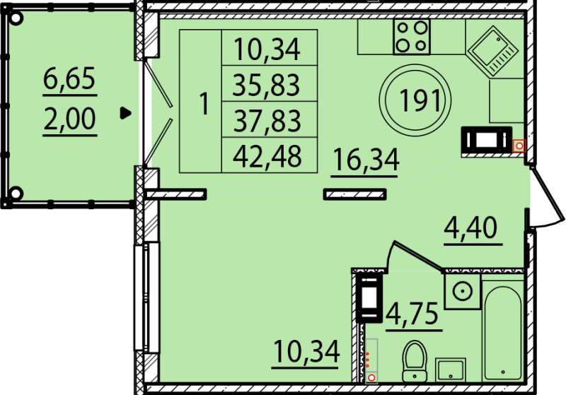 2-комнатная (Евро) квартира, 35.83 м² в ЖК "Образцовый квартал 15" - планировка, фото №1
