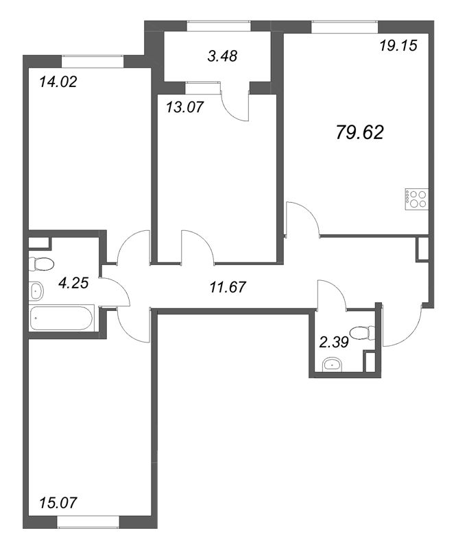 4-комнатная (Евро) квартира, 79.62 м² в ЖК "Дубровский" - планировка, фото №1