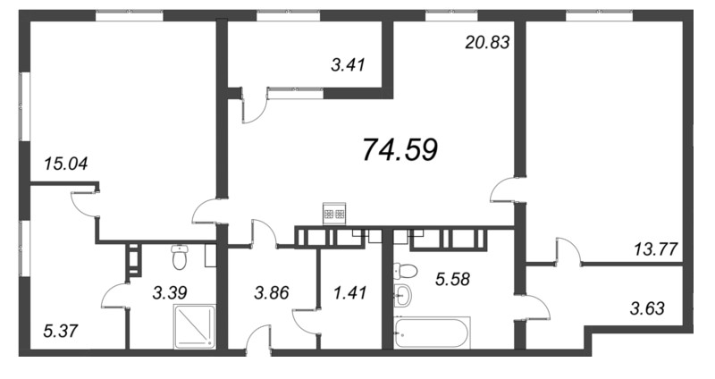 3-комнатная (Евро) квартира, 74.59 м² в ЖК "БелАрт" - планировка, фото №1
