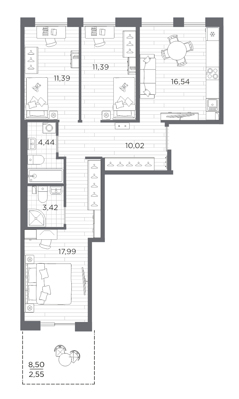 4-комнатная (Евро) квартира, 77.74 м² в ЖК "Сезоны" - планировка, фото №1
