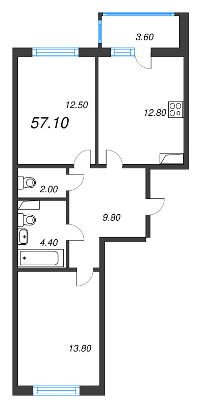2-комнатная квартира, 57.1 м² - планировка, фото №1