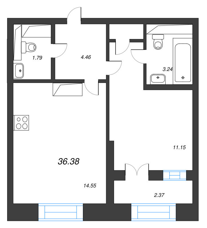 1-комнатная квартира, 36.38 м² в ЖК "Цивилизация на неве" - планировка, фото №1