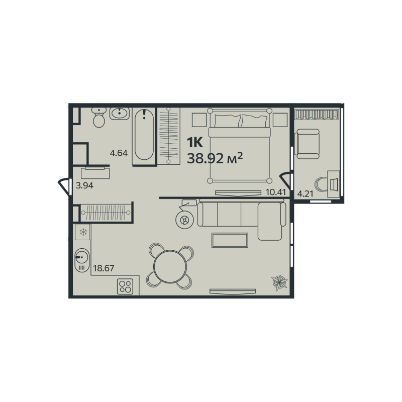 2-комнатная (Евро) квартира, 38.92 м² в ЖК "Эдельвейс.Выборг" - планировка, фото №1
