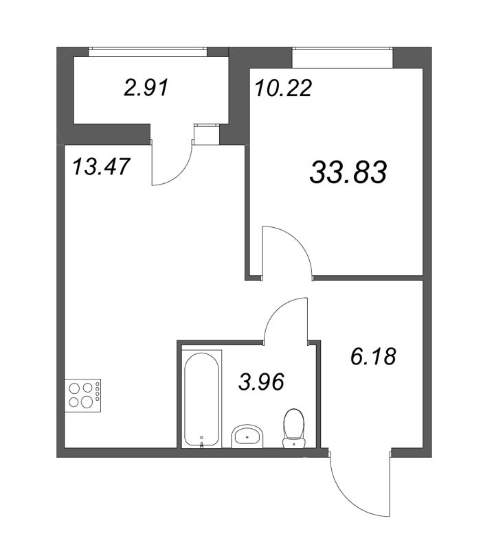 2-комнатная (Евро) квартира, 33.83 м² - планировка, фото №1