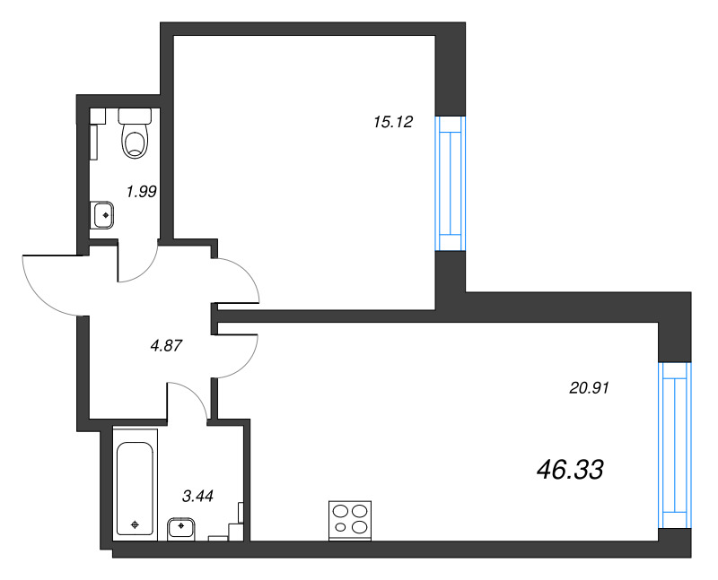 2-комнатная (Евро) квартира, 46.33 м² в ЖК "БелАрт" - планировка, фото №1