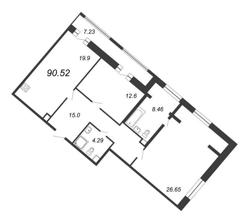 3-комнатная (Евро) квартира, 90.52 м² в ЖК "Modum" - планировка, фото №1