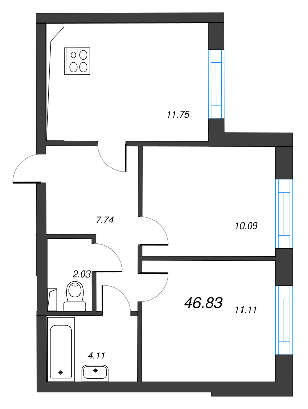 2-комнатная квартира, 46.83 м² - планировка, фото №1
