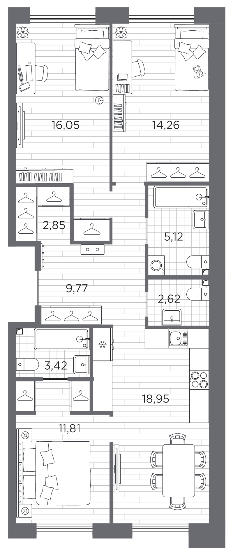 4-комнатная (Евро) квартира, 84.85 м² в ЖК "Галерная гавань" - планировка, фото №1