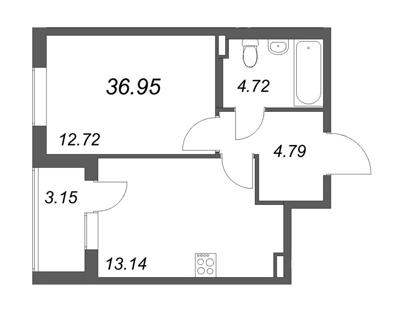 1-комнатная квартира, 36.95 м² в ЖК "Новая история" - планировка, фото №1