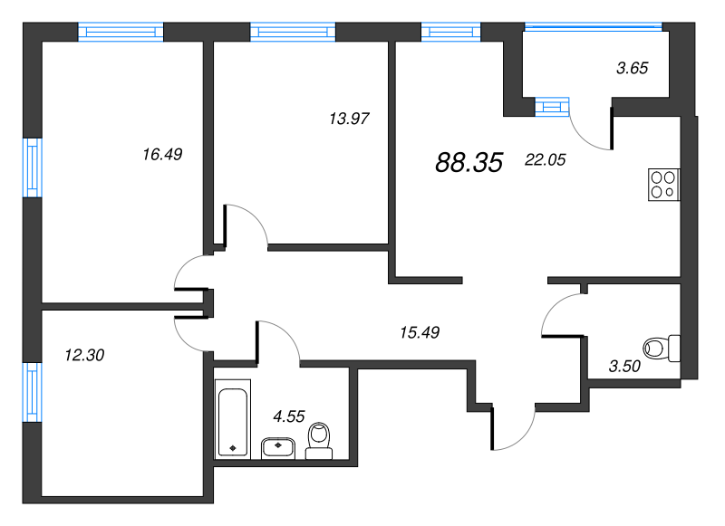 4-комнатная (Евро) квартира, 92 м² в ЖК "Город Первых" - планировка, фото №1