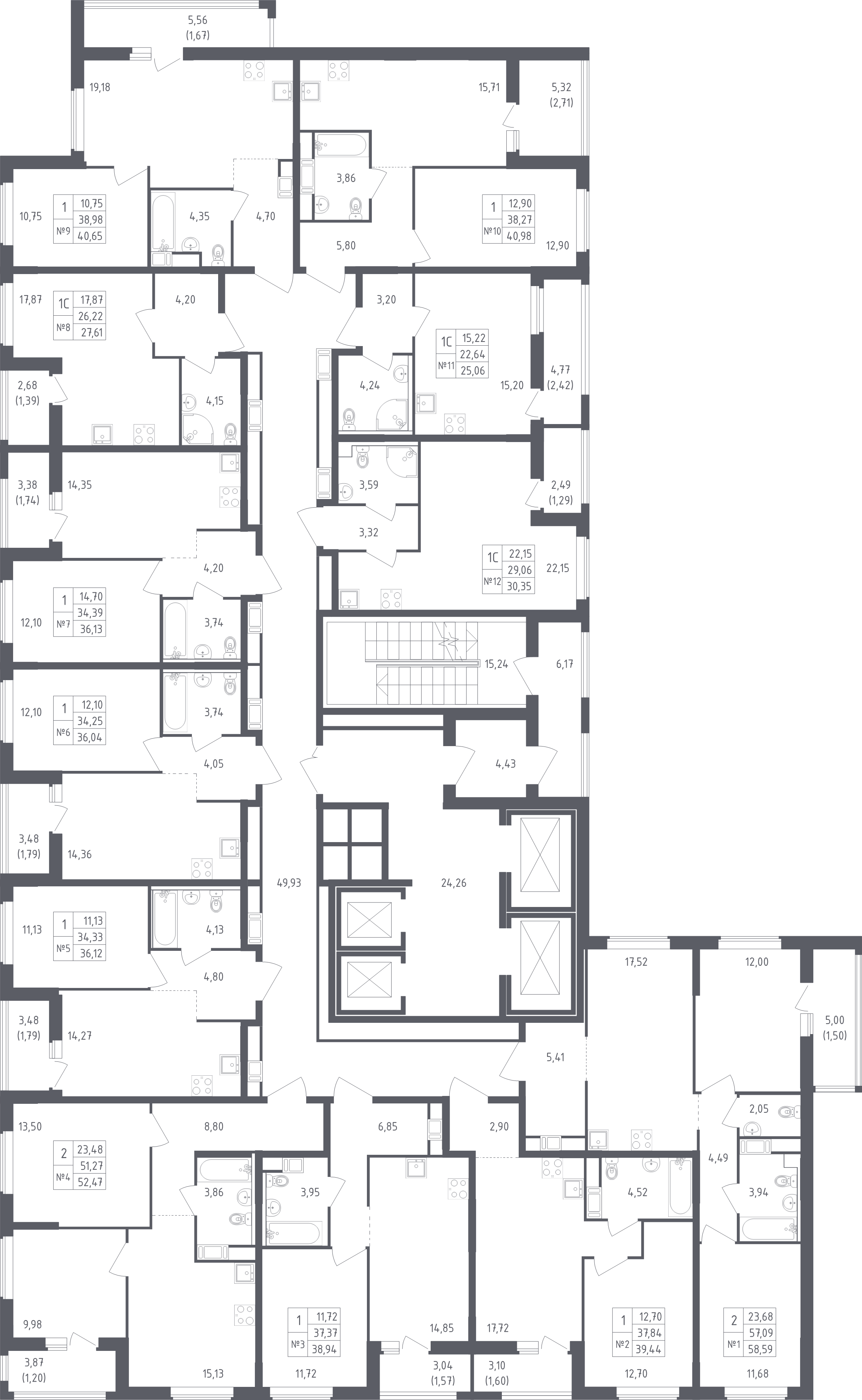 3-комнатная (Евро) квартира, 52.47 м² в ЖК "Южная Нева" - планировка этажа