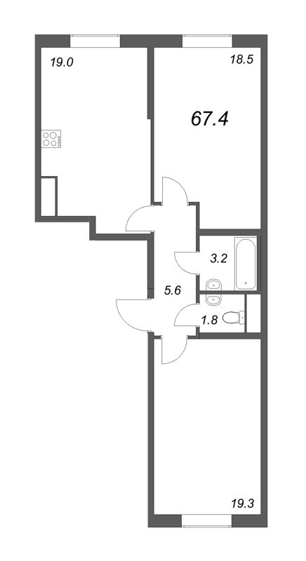 3-комнатная (Евро) квартира, 67.4 м² - планировка, фото №1