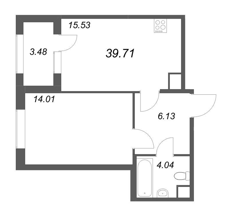 2-комнатная (Евро) квартира, 39.71 м² в ЖК "Дубровский" - планировка, фото №1