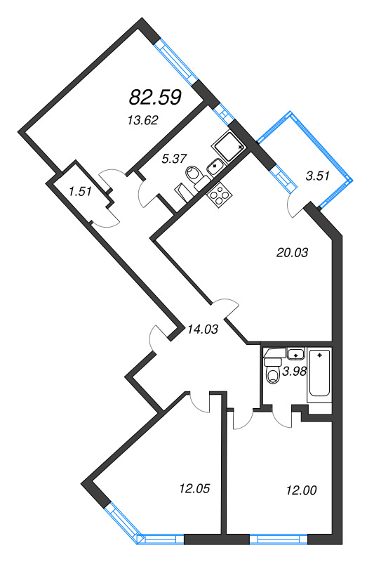 4-комнатная (Евро) квартира, 82.59 м² в ЖК "ЮгТаун" - планировка, фото №1