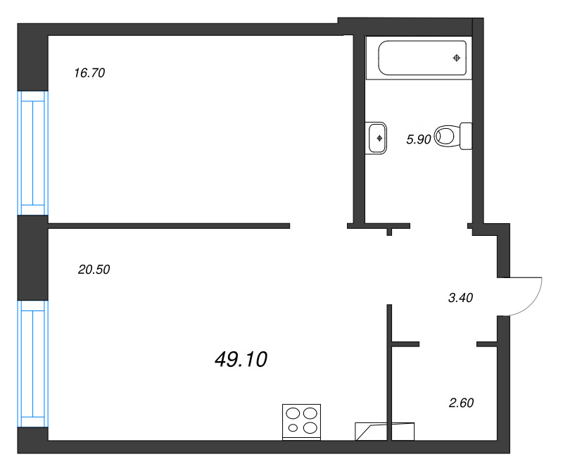 2-комнатная (Евро) квартира, 49.1 м² в ЖК "ЛДМ" - планировка, фото №1