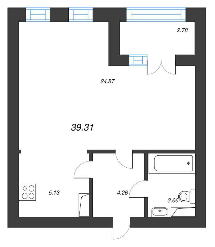1-комнатная квартира, 39.31 м² - планировка, фото №1