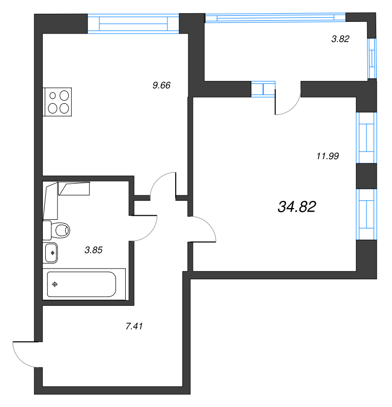 1-комнатная квартира, 34.82 м² - планировка, фото №1