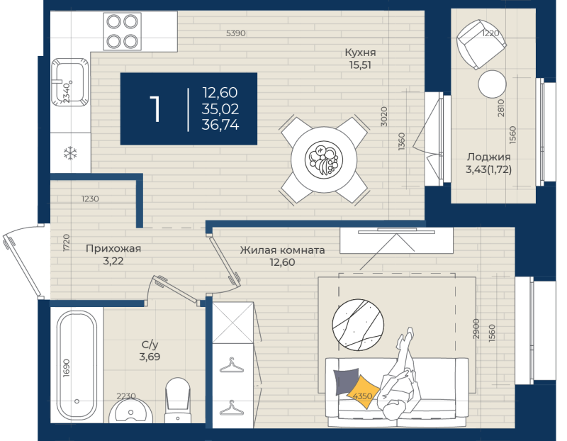 2-комнатная (Евро) квартира, 36.74 м² в ЖК "Новатория" - планировка, фото №1