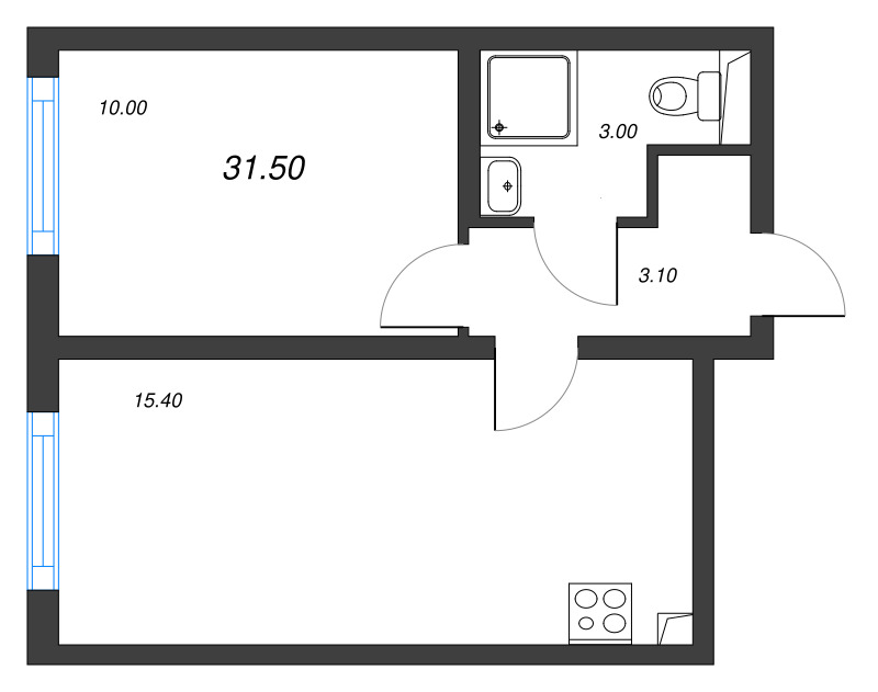 2-комнатная (Евро) квартира, 31.5 м² в ЖК "Ручьи" - планировка, фото №1