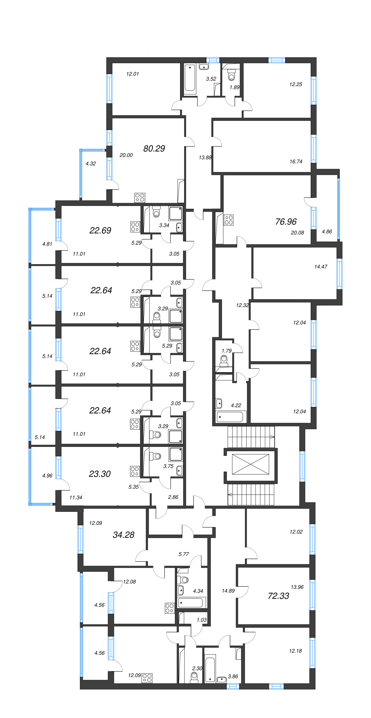 4-комнатная (Евро) квартира, 76.96 м² - планировка этажа