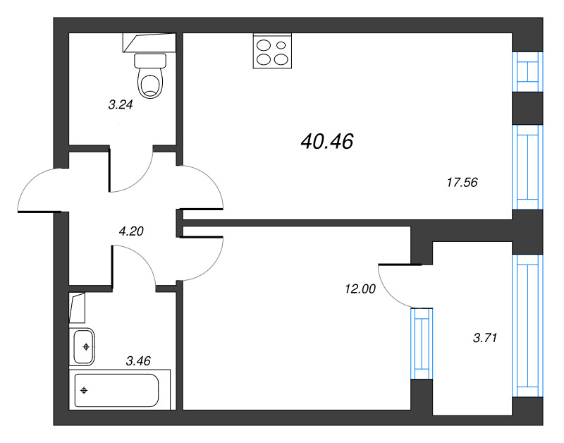 2-комнатная (Евро) квартира, 42.32 м² в ЖК "Кронфорт. Центральный" - планировка, фото №1