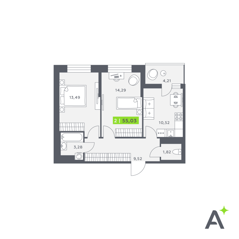 2-комнатная квартира, 54.77 м² в ЖК "Аквилон Verba" - планировка, фото №1