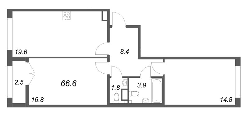 3-комнатная (Евро) квартира, 66.6 м² в ЖК "Кронунг ЮГ" - планировка, фото №1