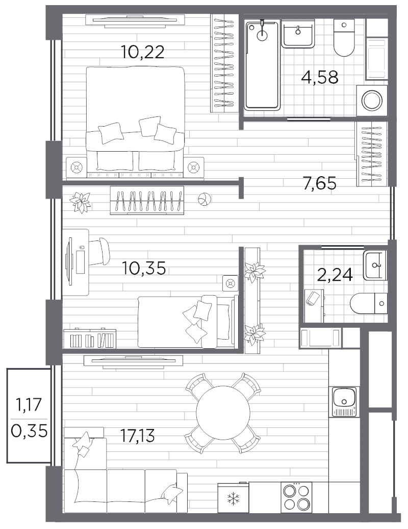 3-комнатная (Евро) квартира, 52.52 м² в ЖК "PLUS Пулковский" - планировка, фото №1