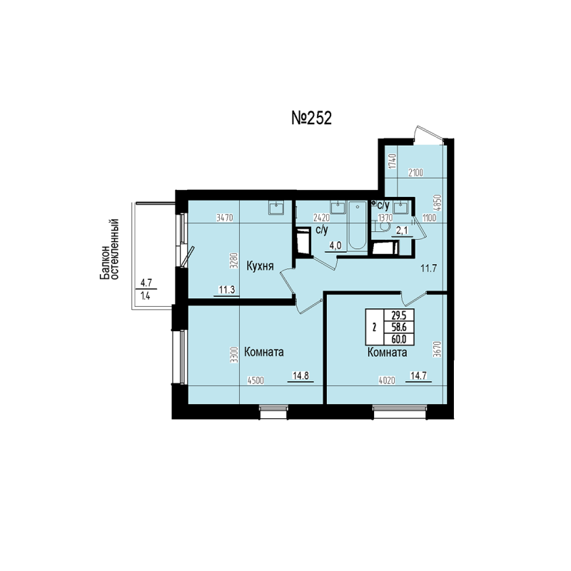 2-комнатная квартира, 60 м² в ЖК "ПРАГМА СИТИ" - планировка, фото №1