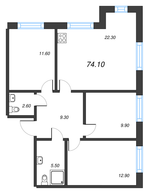 4-комнатная (Евро) квартира, 74.1 м² в ЖК "Парусная 1" - планировка, фото №1